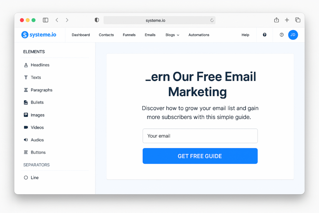 build email list with Systeme.io dashboard interface