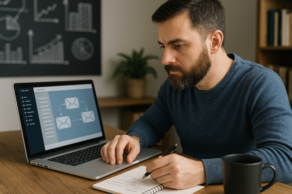 Man building email sequences for lead nurturing at workspace