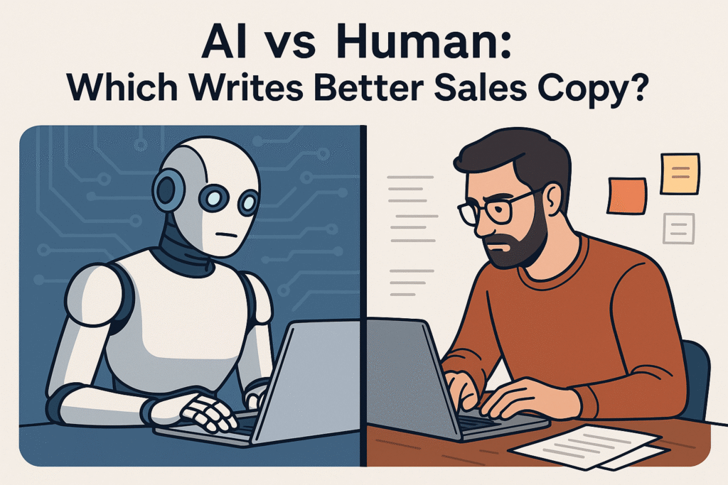 AI robot and human writer side-by-side creating sales copy on laptops