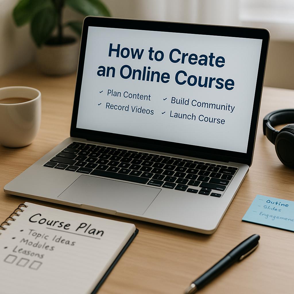 A modern workspace setup showing a course creator planning their content – best way to create a course.